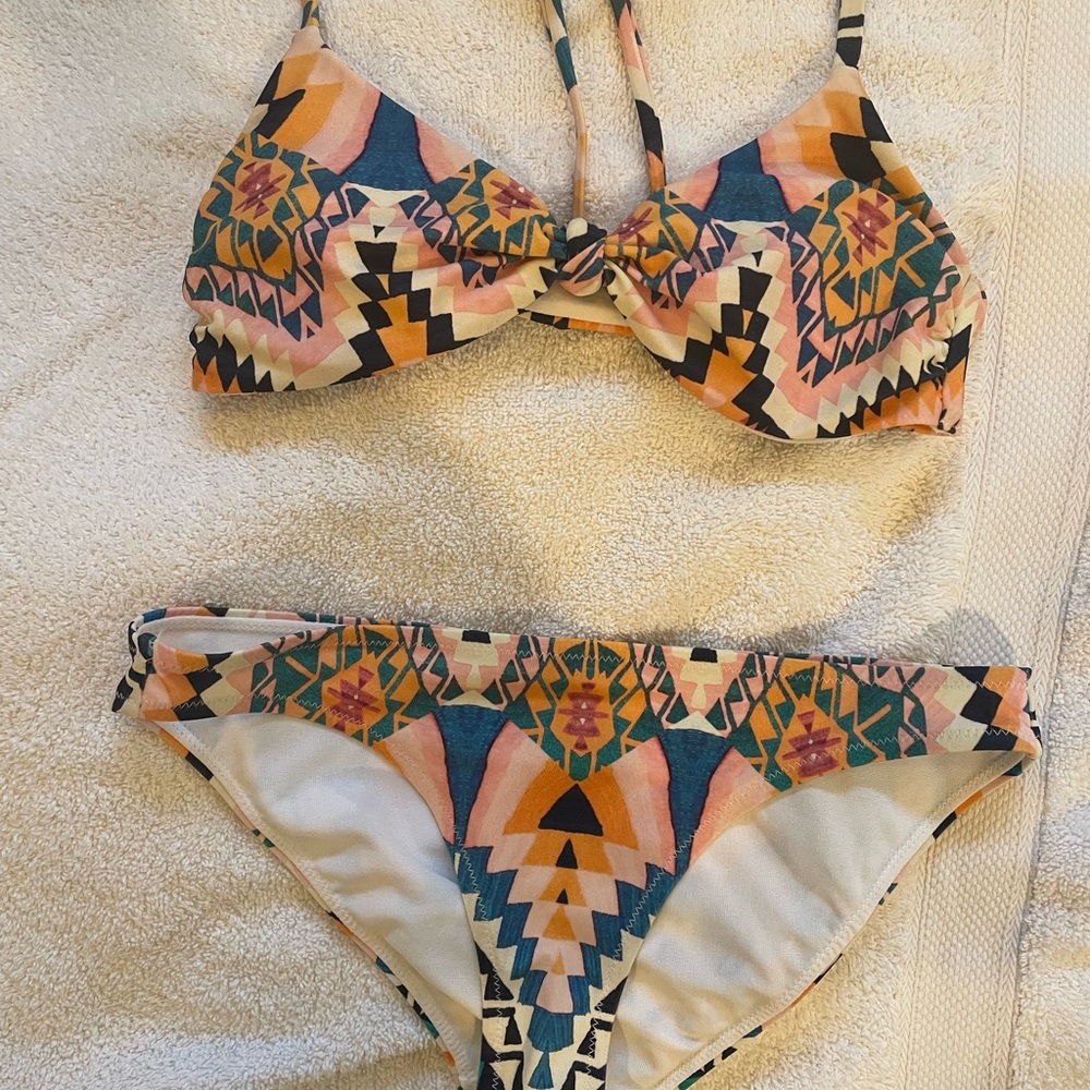 Athleta Geometric Bikini Top and Bottom - Blue, Orange, Cream